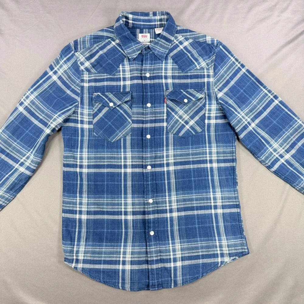 Levi Mens S‎ Blue Plaid Cotton Western Standard Fit Pearl Snap Long Sleeve Shirt